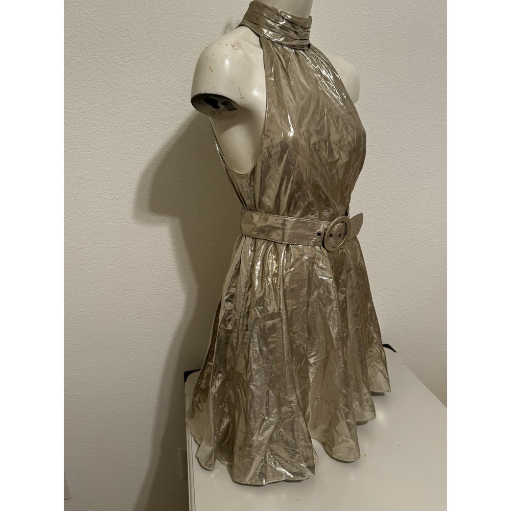 Alice + Olivia Silver Lame Belted Cutaway Mini Silk USA Dress Cocktail NYE S 6 8 - Picture 3 of 10